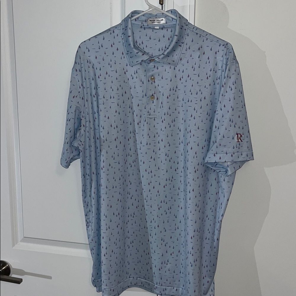 Peter Millar Summer Comfort Sailboat Blue Golf Polo Shirt L Raleigh Country Club